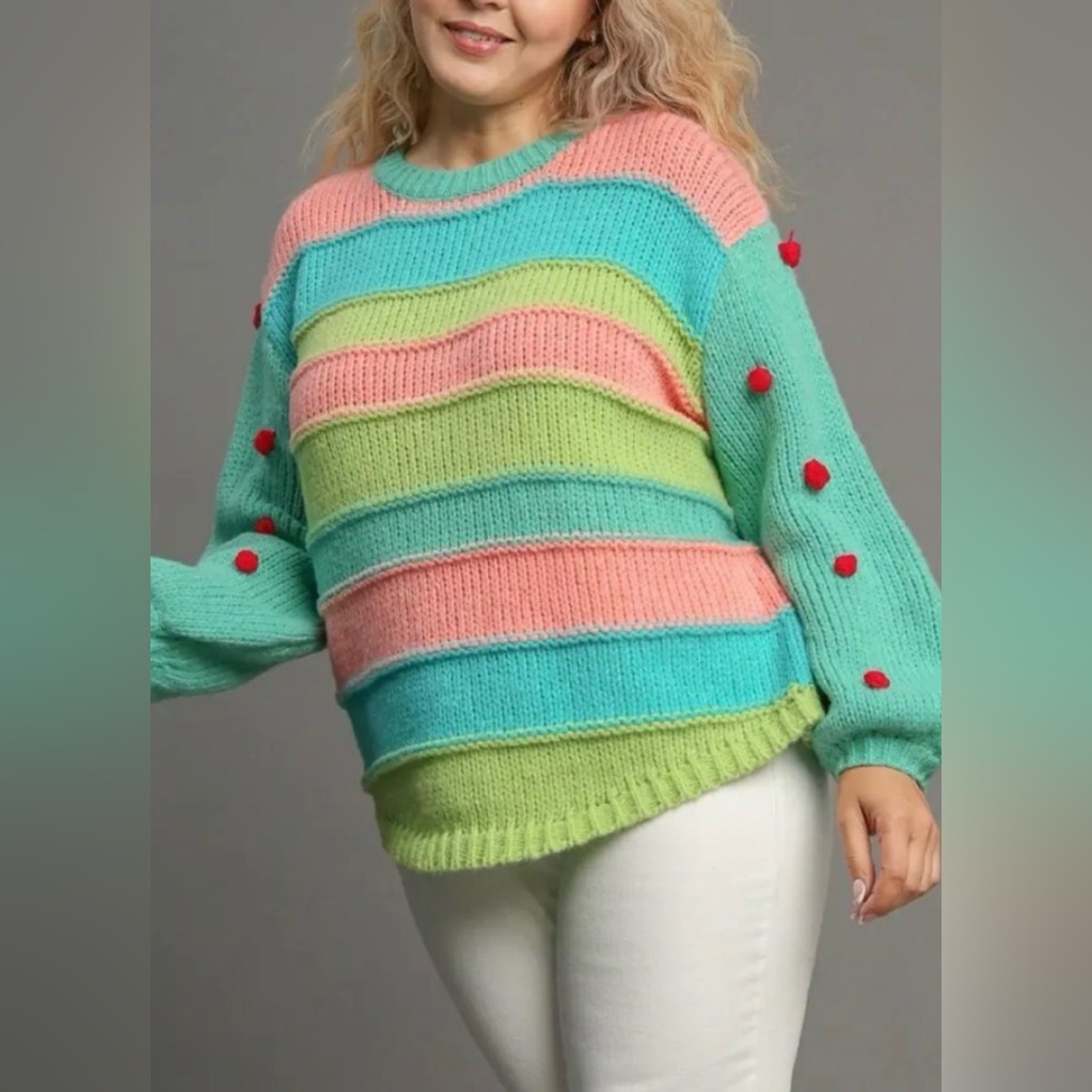 #872 Umgee Women's Sweater In Pink, Green, And Blue Stripes